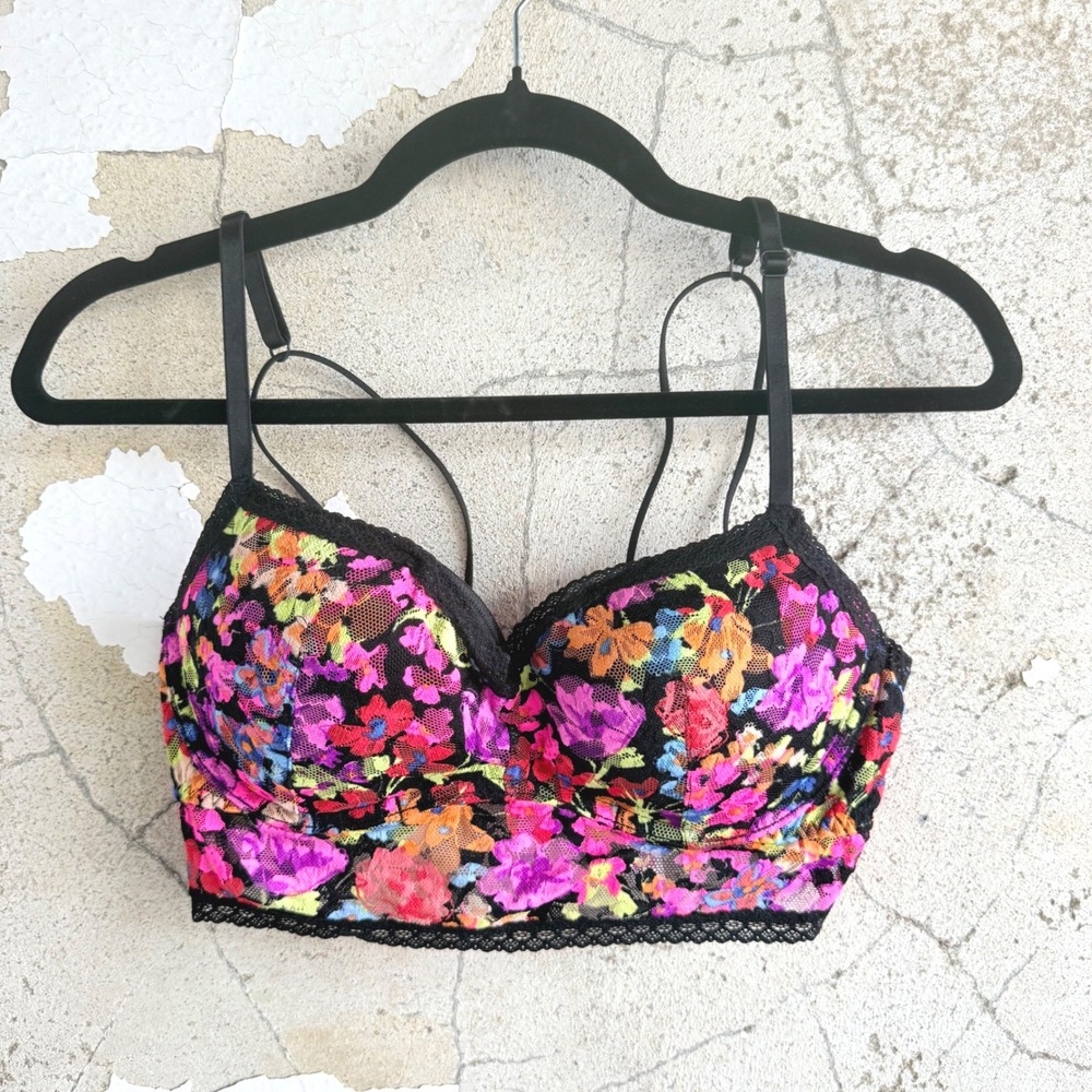 Victoria's Secret PINK Bralette Push Up Bra Floral Lace Longline Neon Womens M